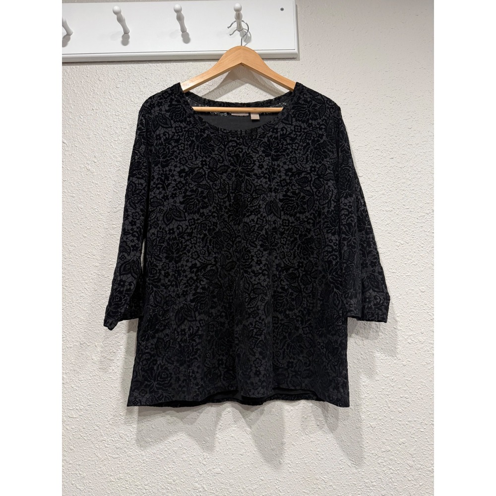Black Floral Burnout Velvet Mesh Top 3 / XL Whimsigoth Witchy Goth Dark Romantic - Picture 2 of 8